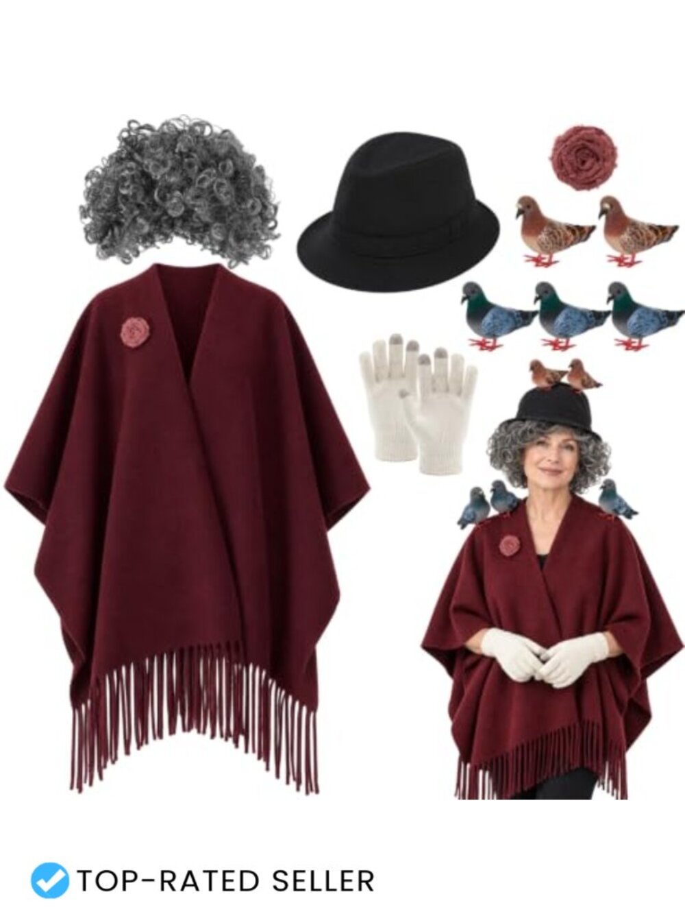 10 Pc Pigeon Costume Set Red Cape Gray Curly Wig Halloween Cosplay